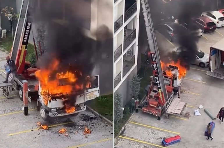 6. kata eşya çıkaran vinçli kamyon alev alev yandı