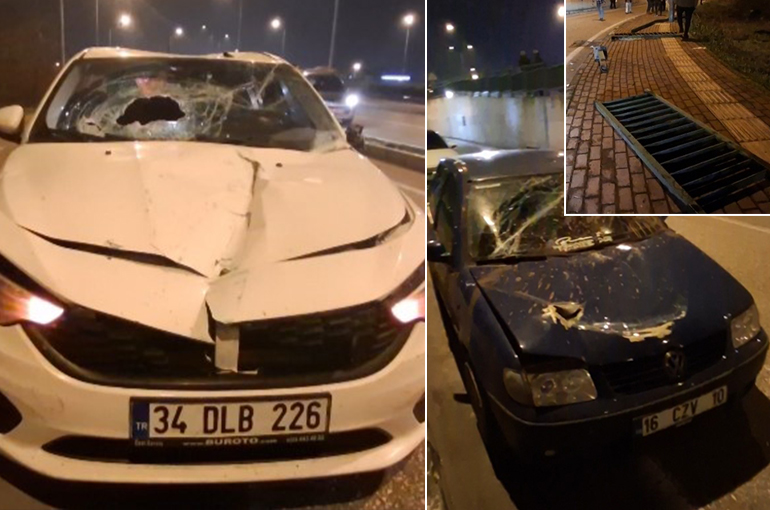 Bursa'da akıl almaz trafik kazası: Demir bariyerler araçların üzerine düştü