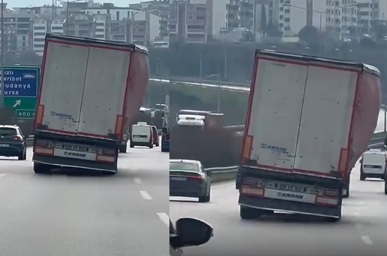 Bursa’da Trafikte Korkutan Anlar: Seyir Halindeki Tır Yan Yattı!