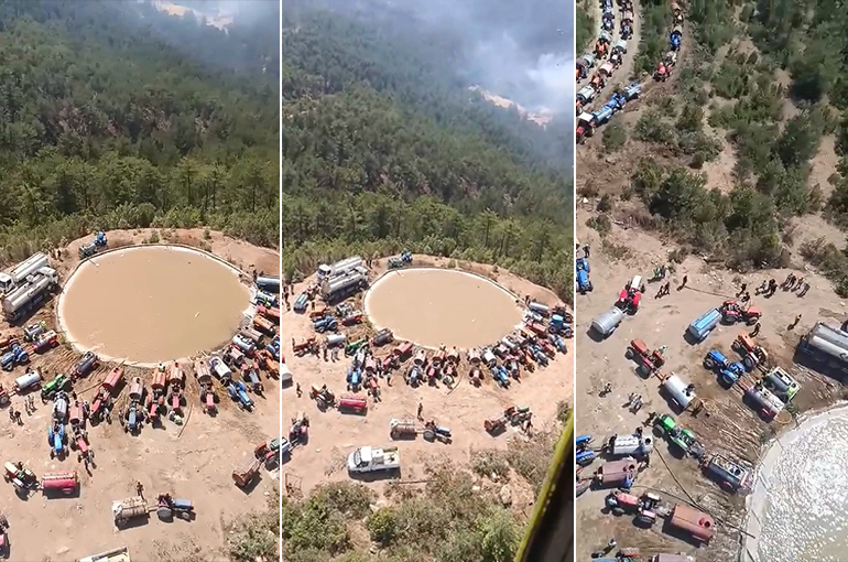 Bursa'daki yangılarda traktörlü çiftçi ordusu helikopterden görüntülendi