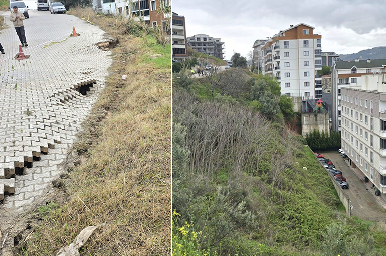 Mudanya'da yağmur sonrası site önündeki yol çöktü