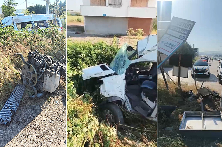 Servis minibüsünün lastiği patladı, direğe çarptı: 6 yaralı